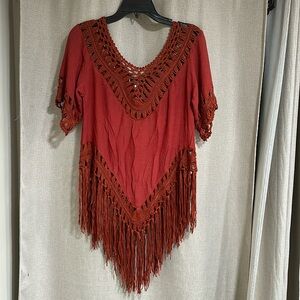 Burnt red/orange summer short sleeve shirt with fringe